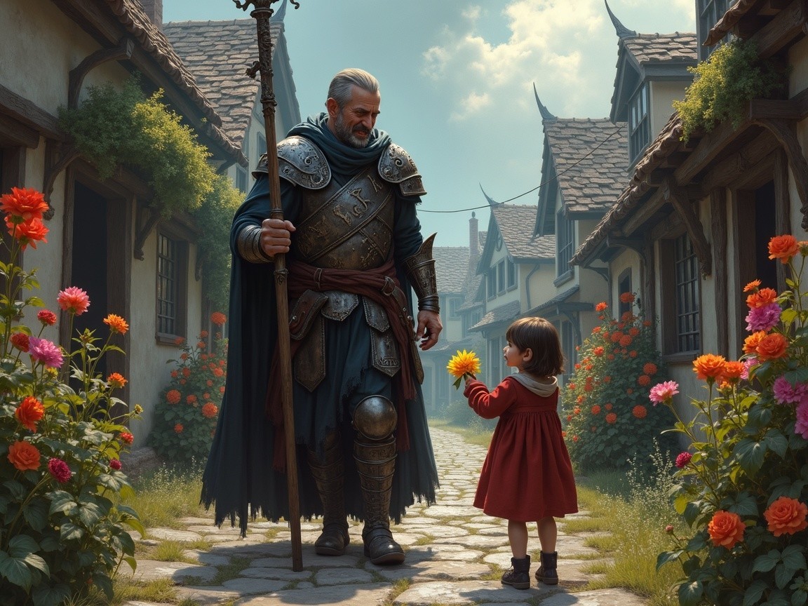 Knight in Armor with Girl on Cobblestone Street