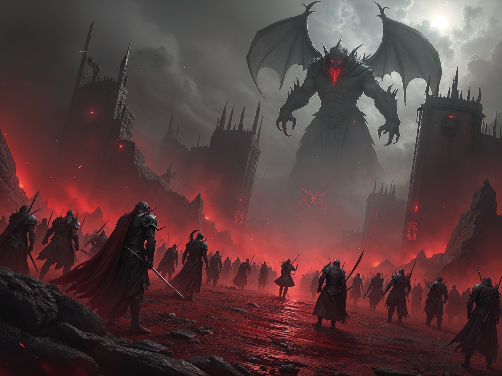 Dark Landscape with Winged Creature Over Fortress