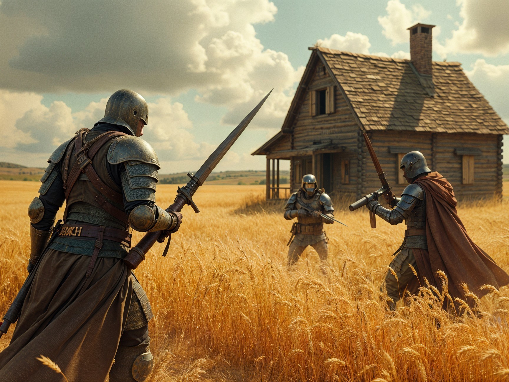 Knights in Armor Confrontation in Wheat Field