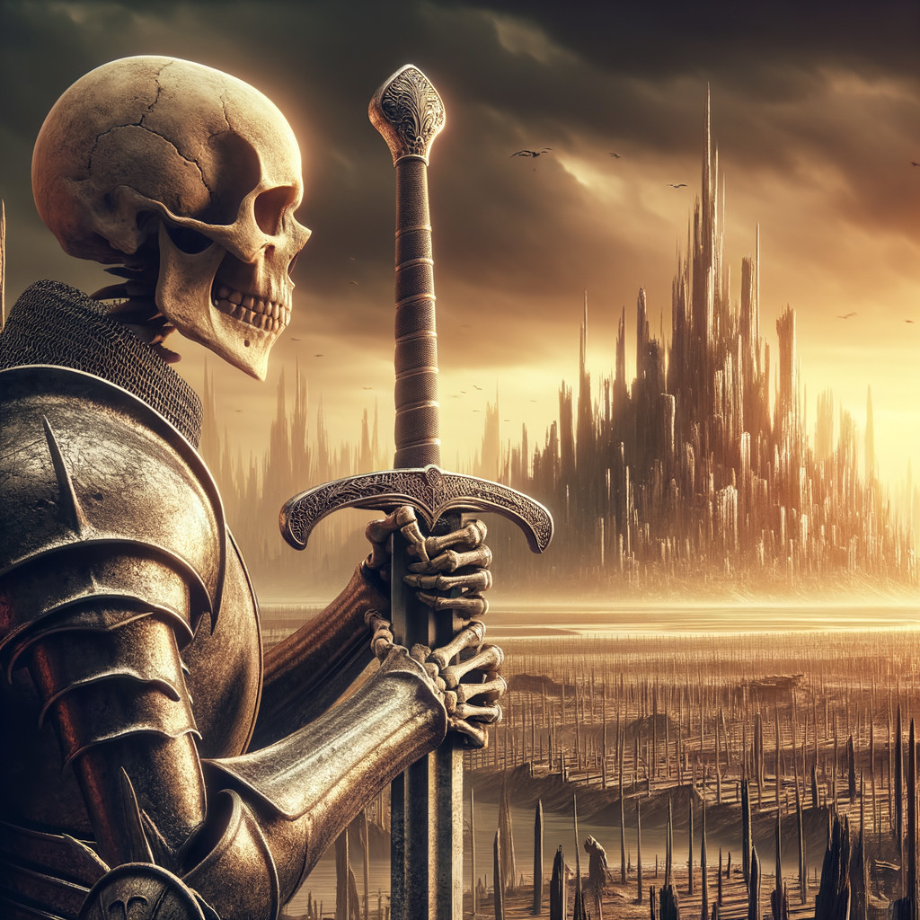 Skeletal Warrior in Armor Against Distant Fortress