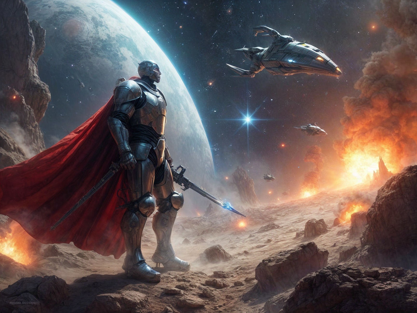 Futuristic warrior in armor on rocky planet with ships