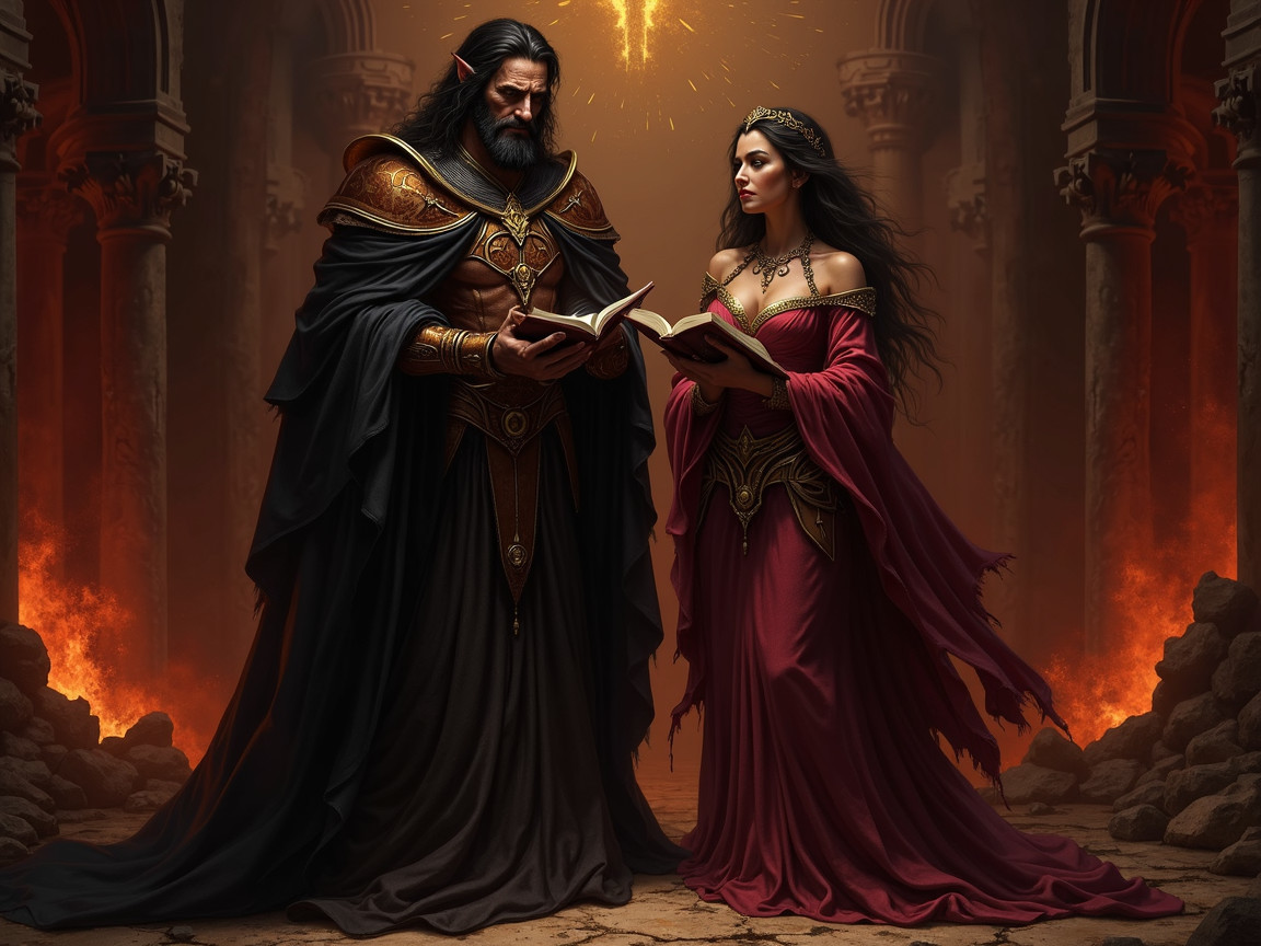 Powerful Figures in Dark Armor and Red Gown Amid Ruins