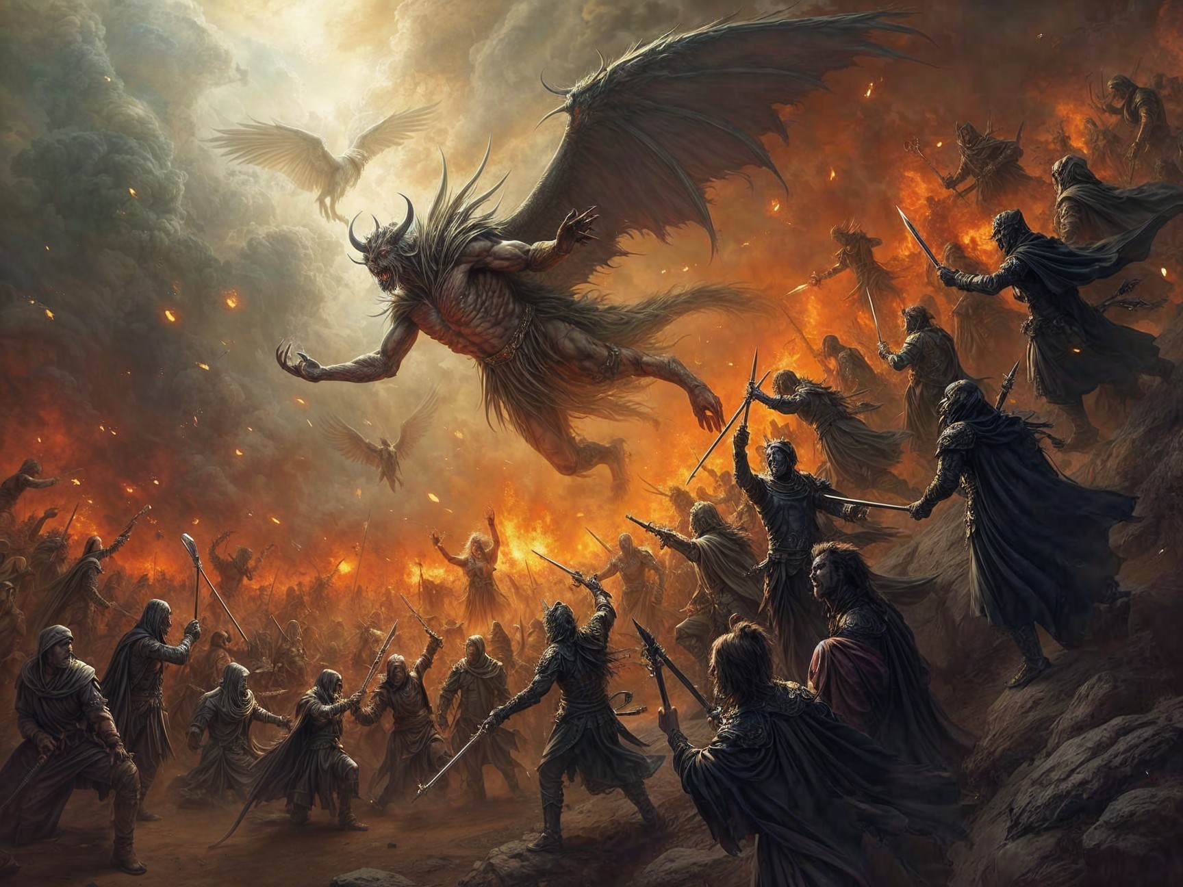 Celestial and Infernal Forces in Dramatic Battle Scene
