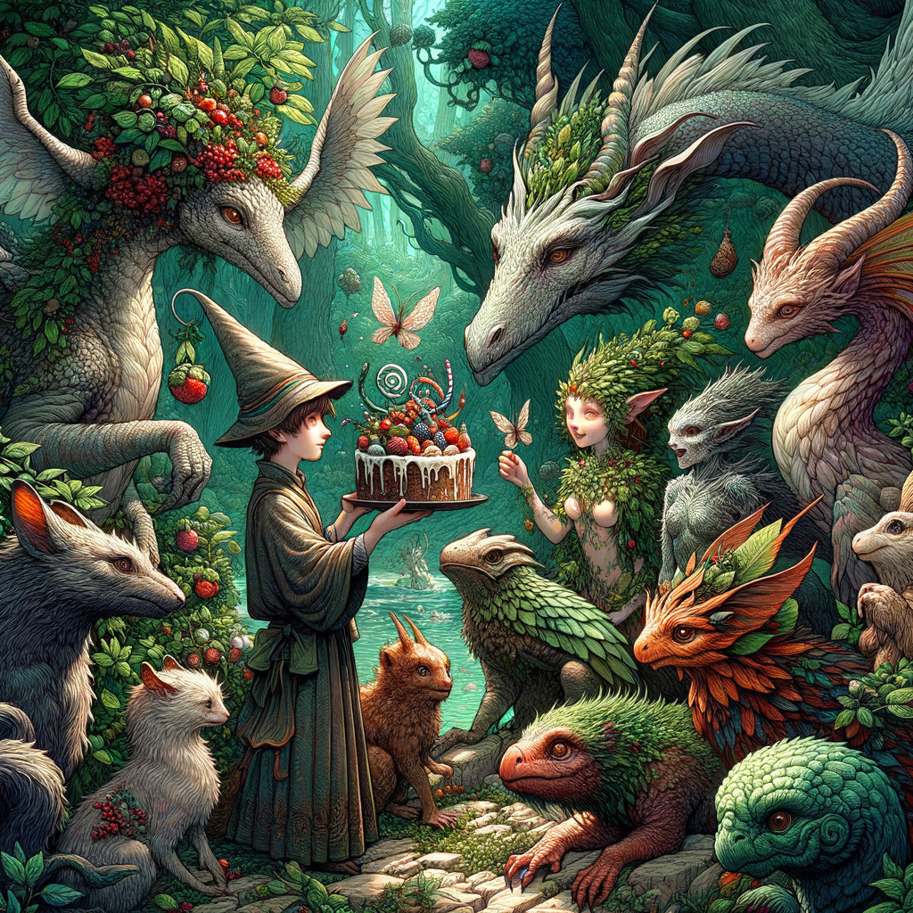Young Wizard Celebrates with Cake in Enchanted Forest