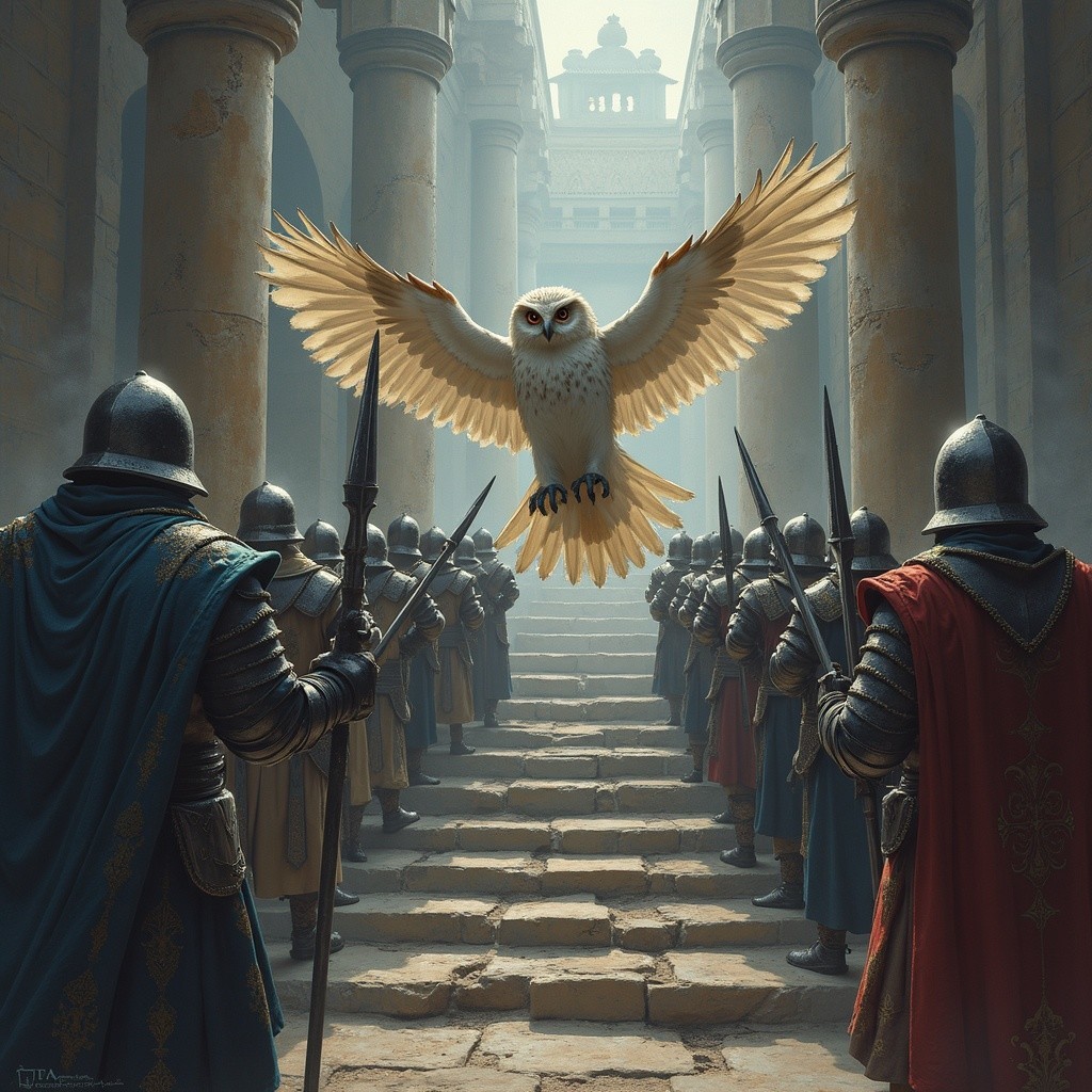 Majestic Owl Soars Over Ancient Courtyard with Guards
