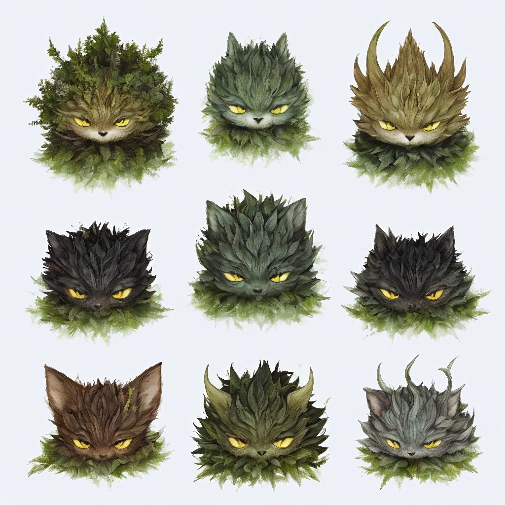 Grid of Nine Unique Nature-Inspired Cat Heads