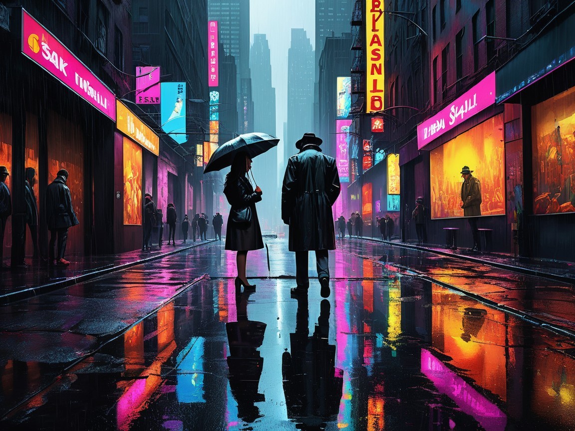 Rainy Urban Street Scene with Figures Under Umbrella