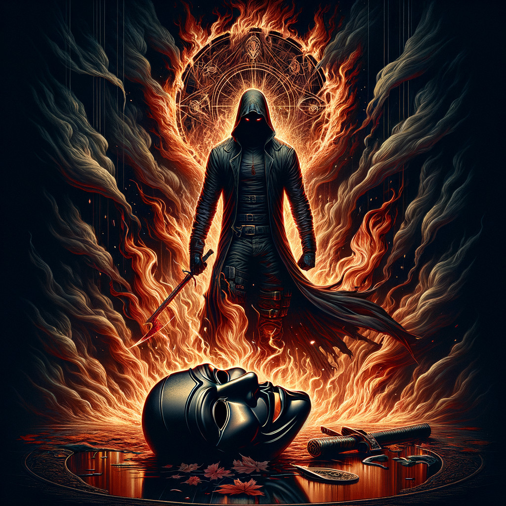 Cloaked Figure in Flames with Sword and Glowing Design