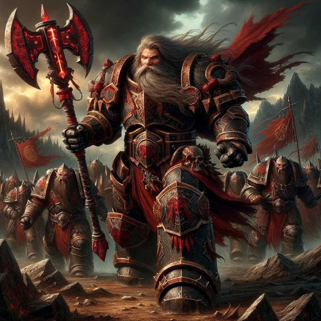 Armored Figure with Axe and Warriors on Rocky Terrain