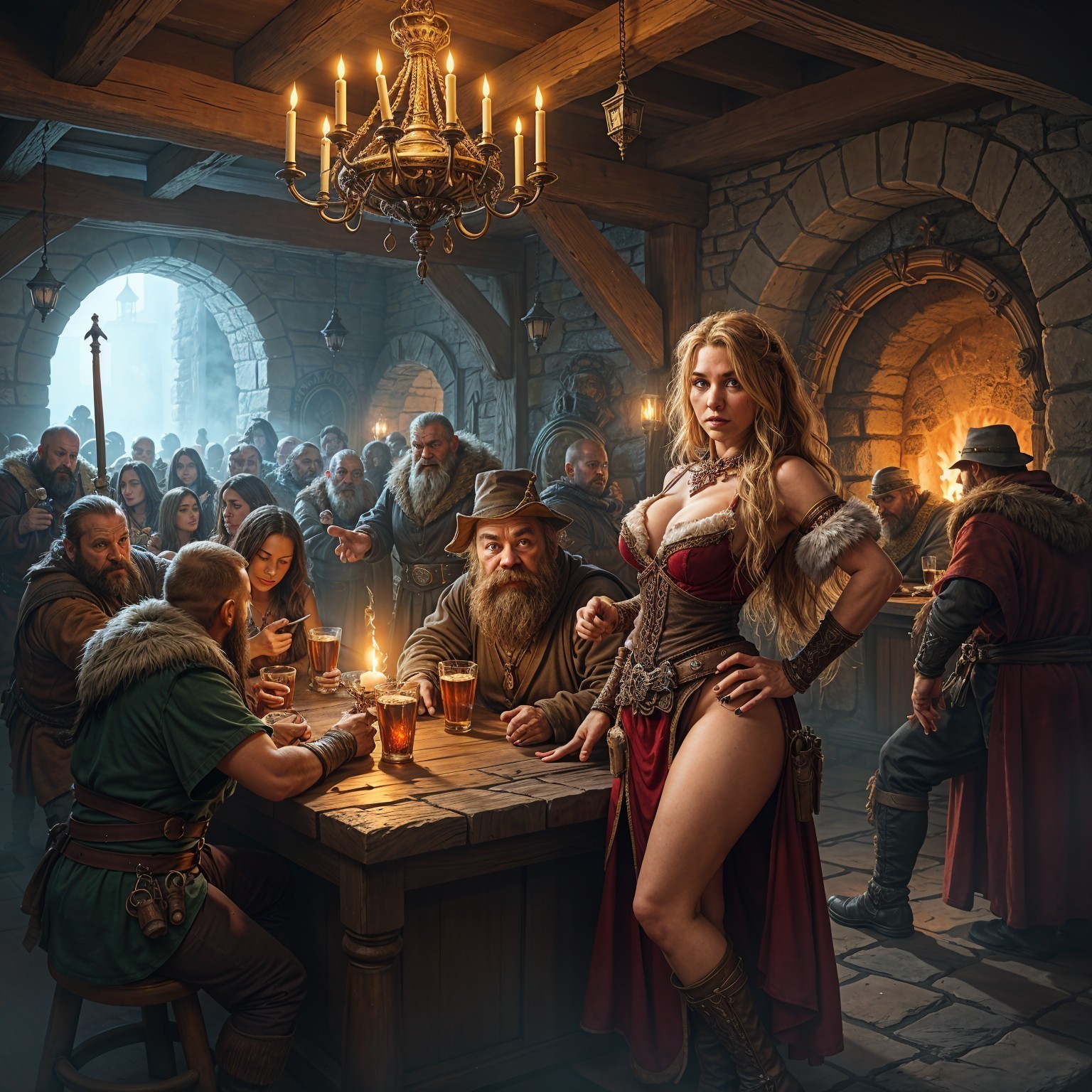 Medieval Tavern Scene with Patrons and Rustic Decor