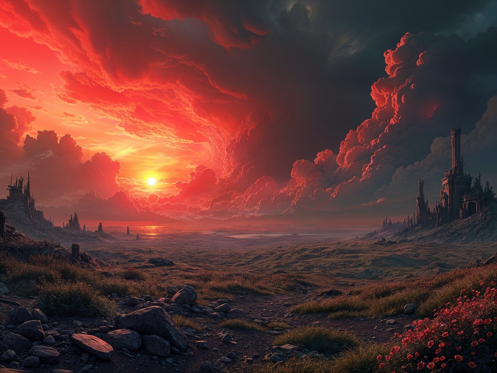 Dramatic Landscape with Sunset and Distant Castle