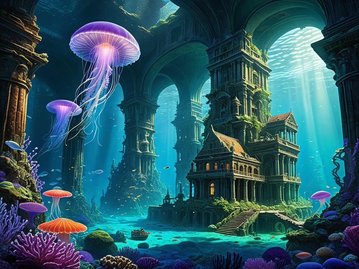 Underwater Scene with Ancient Ruins and Coral Reefs