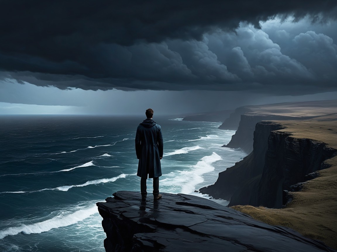 Solitary Figure on Cliff Overlooking Turbulent Sea