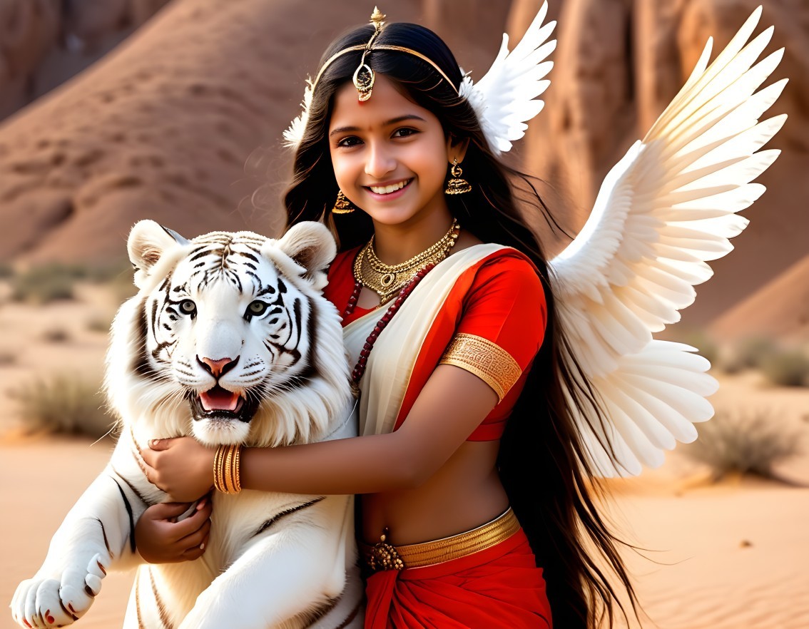 Young girl with wings and tiger in desert scene