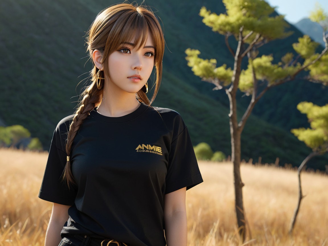 Young woman in sunlit field with golden grass