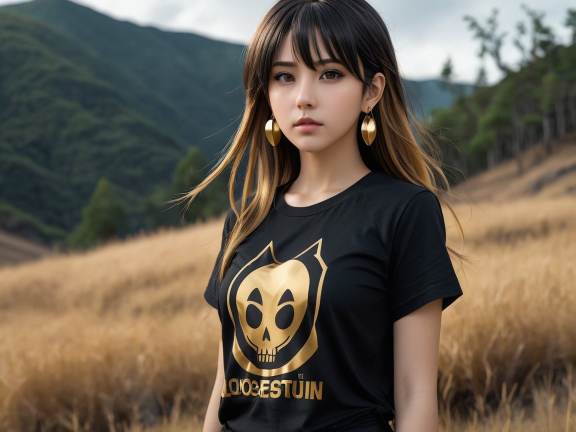 Young woman in golden skull tee and stylish earrings