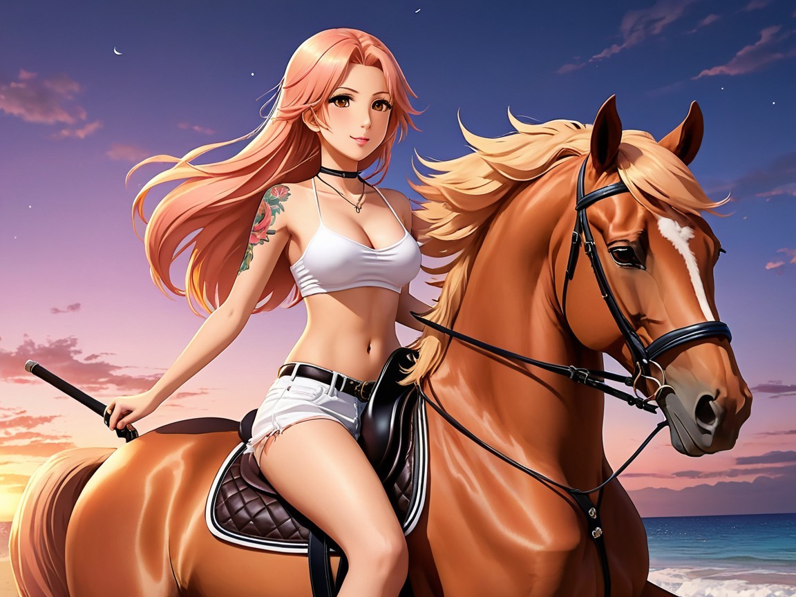 Young woman on chestnut horse at sunset beach