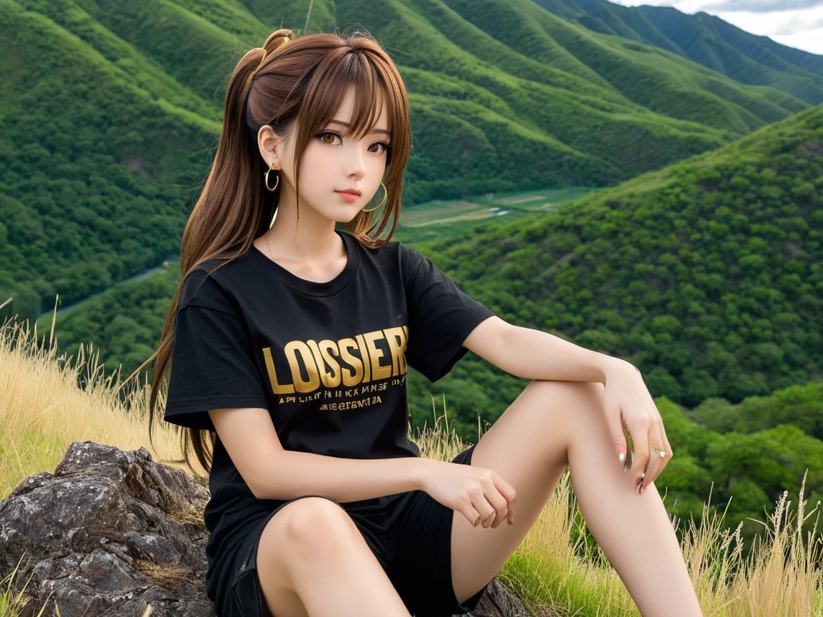 Young woman on rocky outcrop in lush green hills