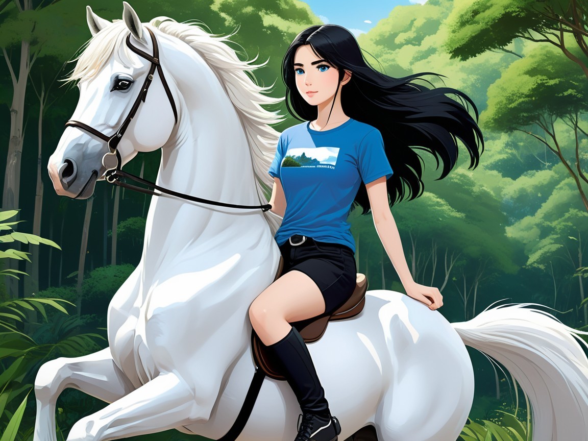 Young woman on white horse in lush green forest