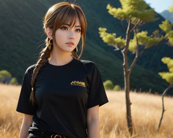 Young woman in sunlit field with golden grass