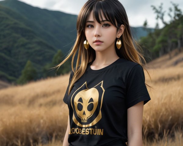 Young woman in golden skull tee and stylish earrings