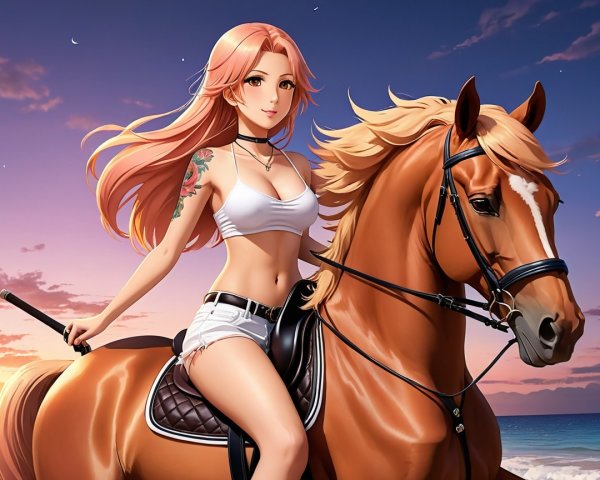 Young woman on chestnut horse at sunset beach
