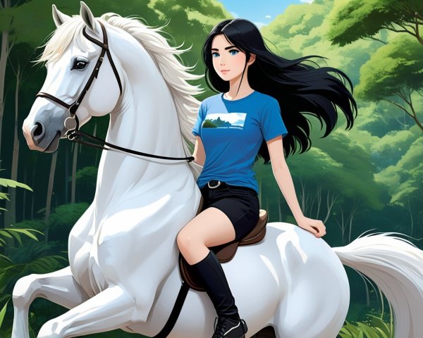 Young woman on white horse in lush green forest