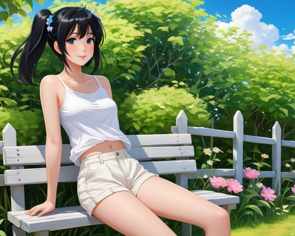 Young woman in garden with ponytails and casual outfit