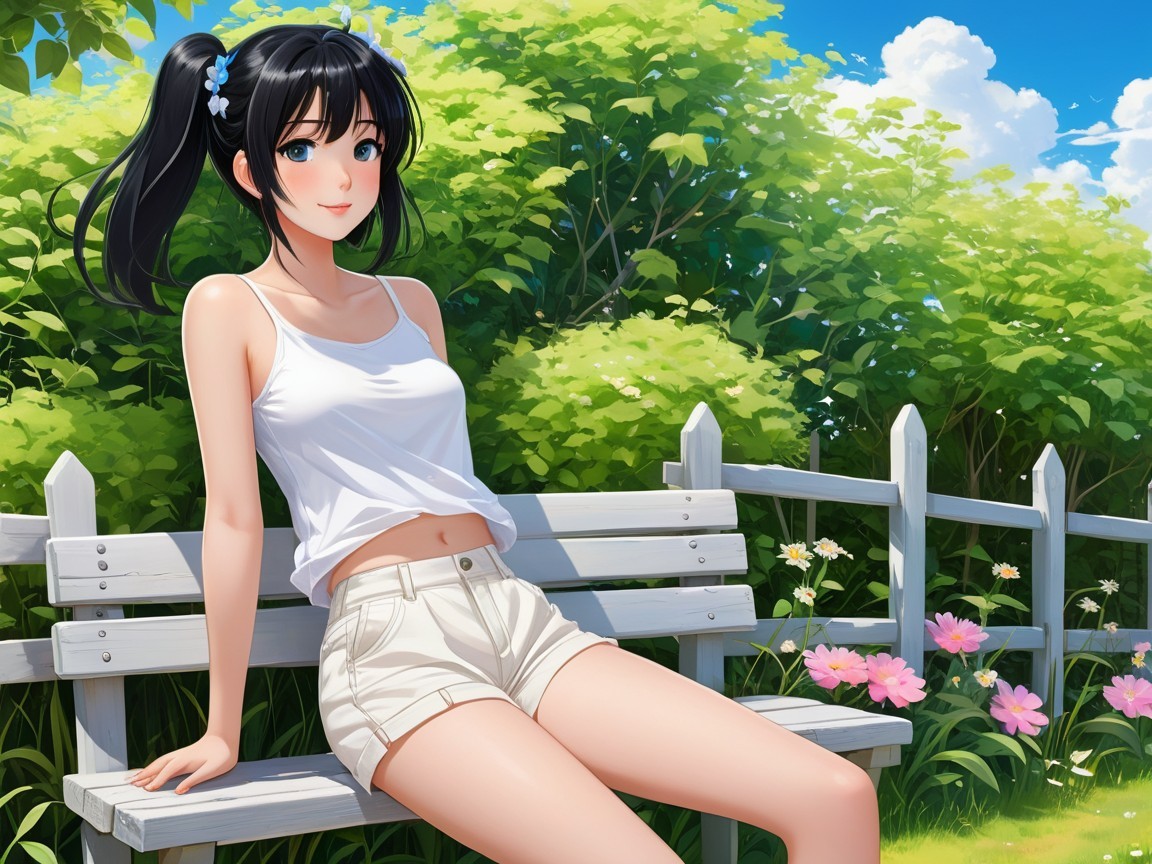 Young woman in garden with ponytails and casual outfit