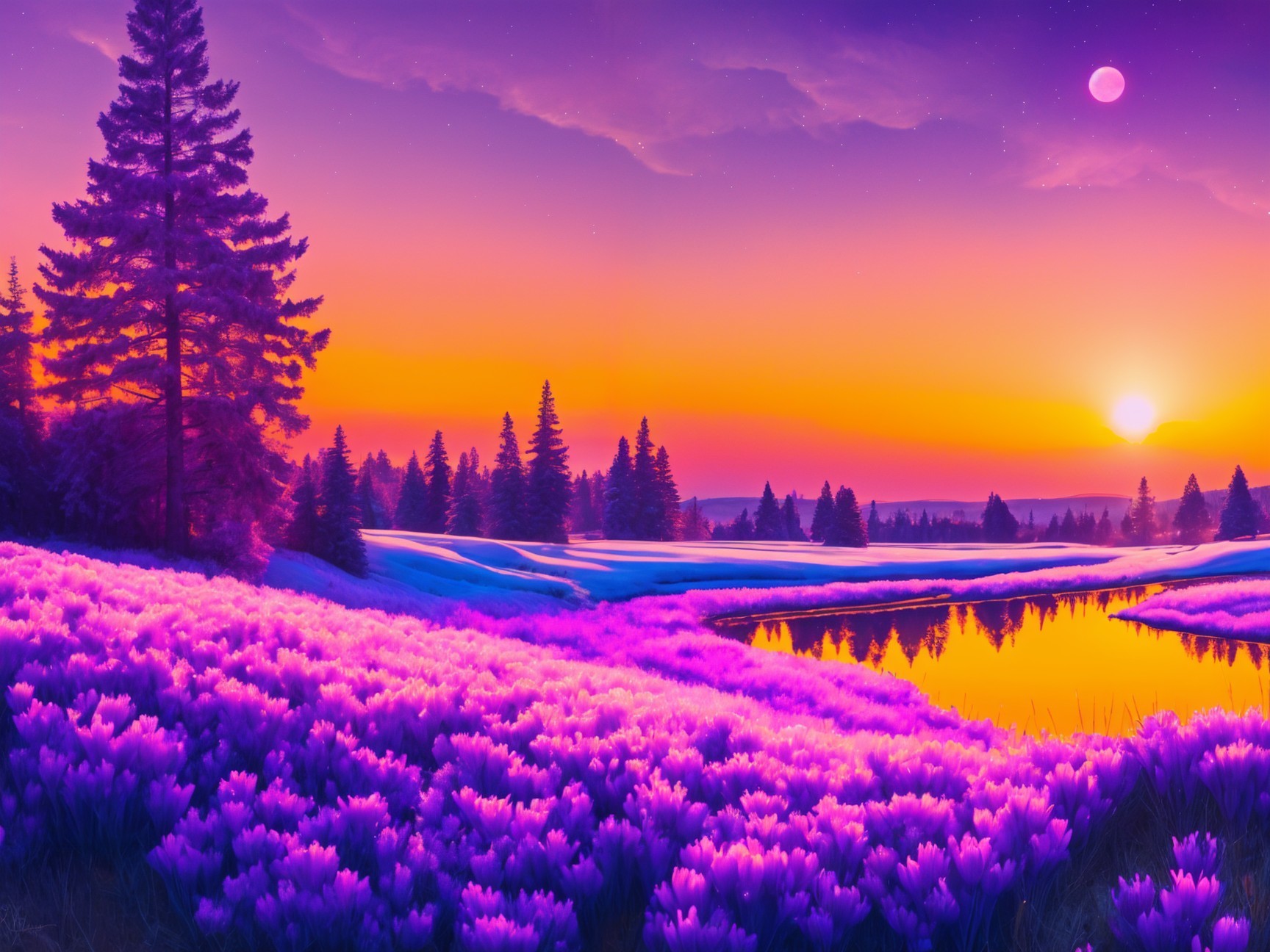 Vibrant Sunset Landscape with Lake and Flowers