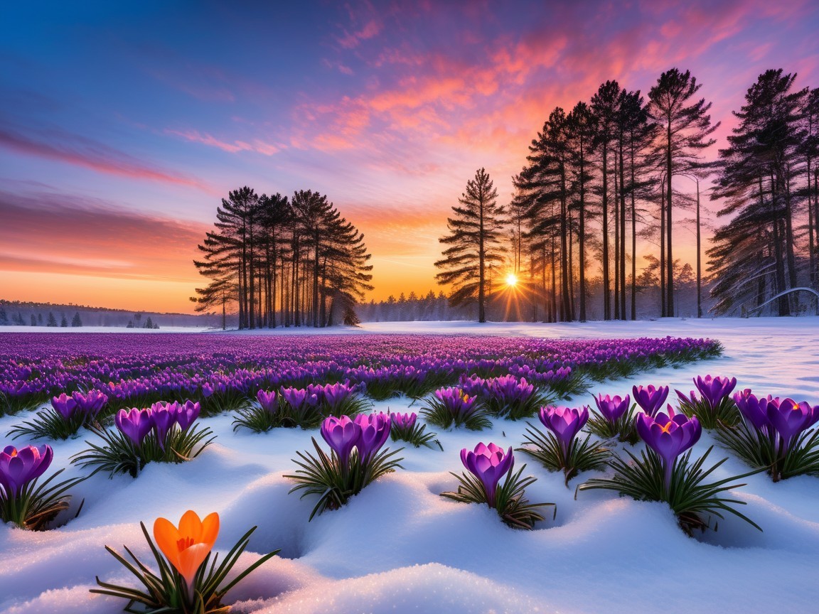 Blooming Purple Crocuses in Snowy Landscape