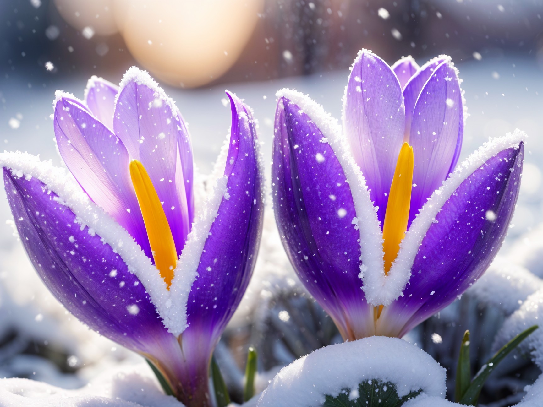 Purple Crocus Flowers Blooming in Fresh Snow