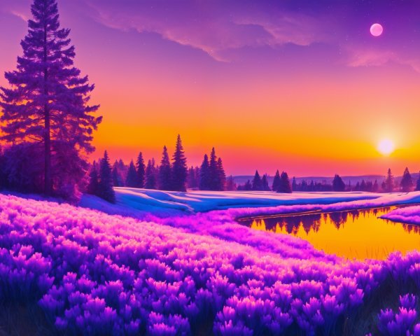 Vibrant Sunset Landscape with Lake and Flowers