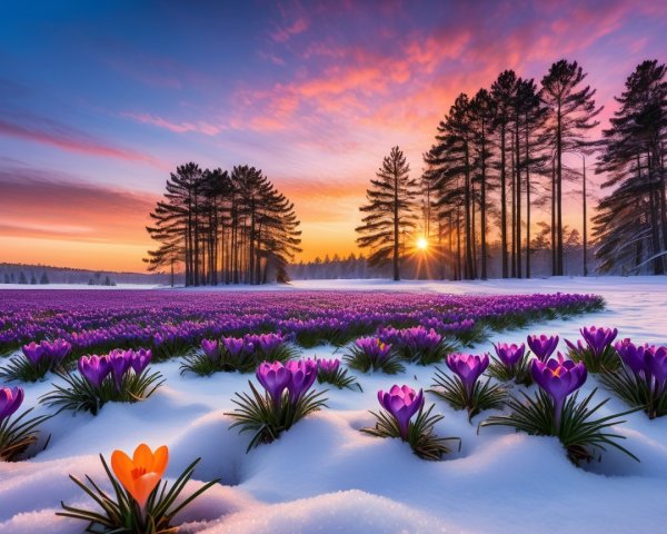 Blooming Purple Crocuses in Snowy Landscape