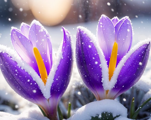 Purple Crocus Flowers Blooming in Fresh Snow