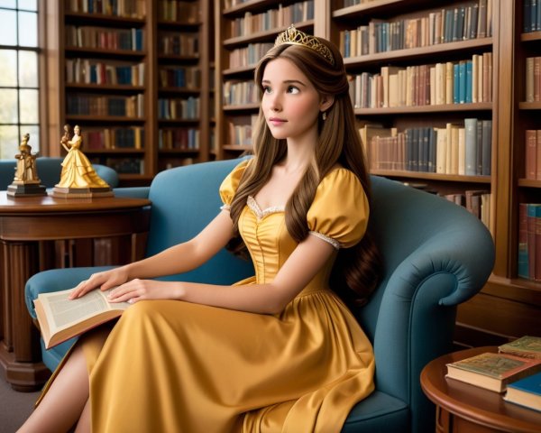 Young Woman in Yellow Gown in Grand Library Setting