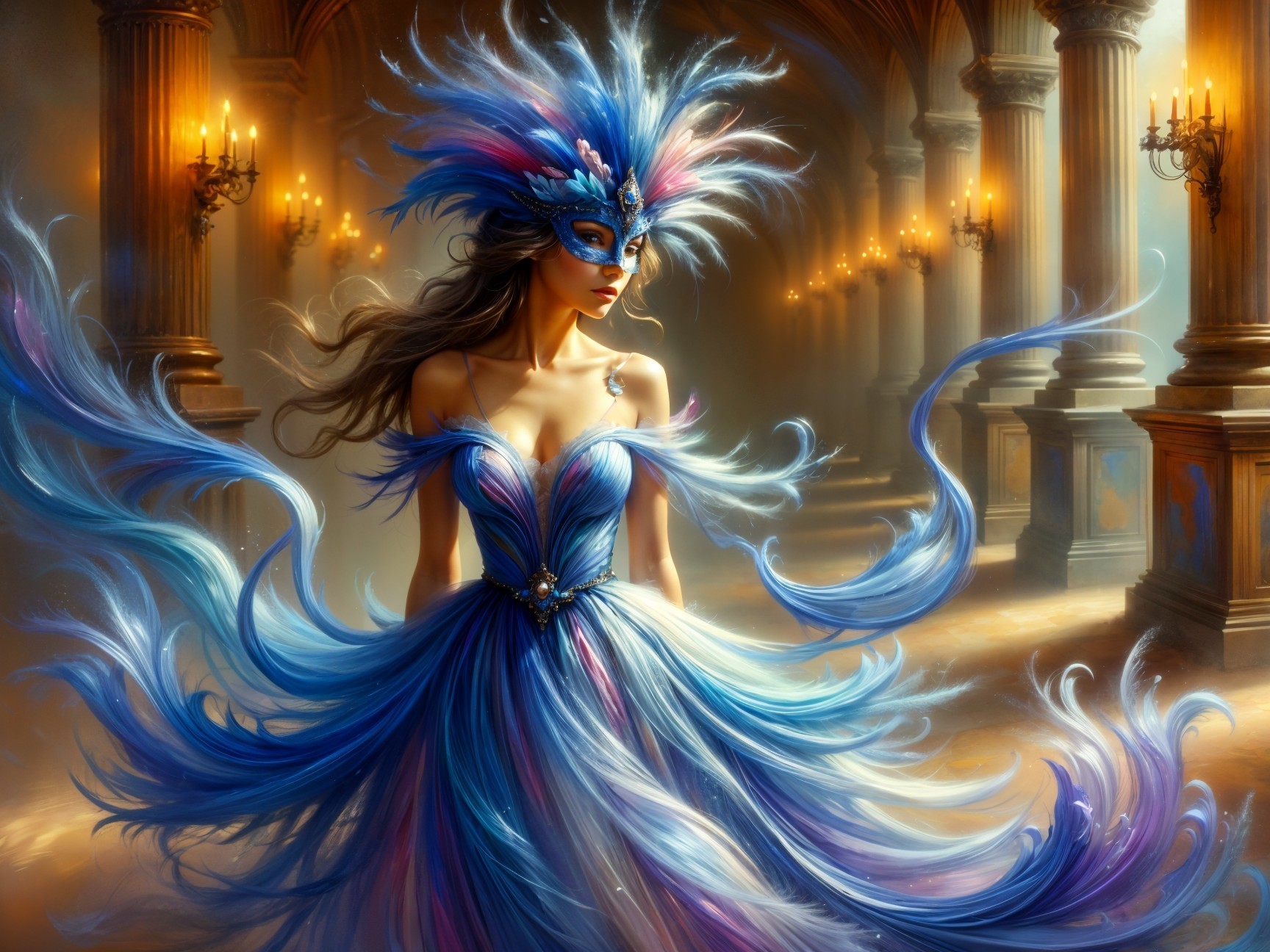 Candle-lit Hall with Enchanting Figure in Gown