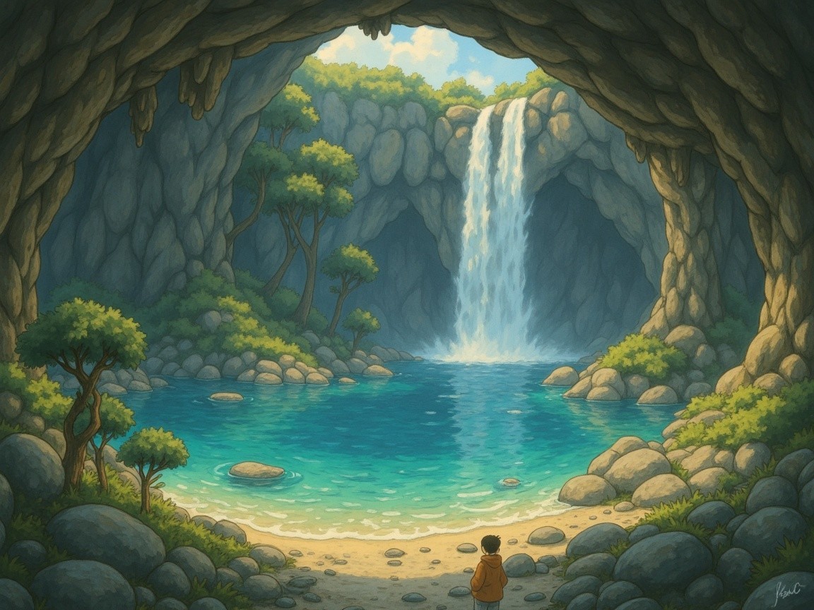 Cave Waterfall Scene with Lush Greenery and Pool
