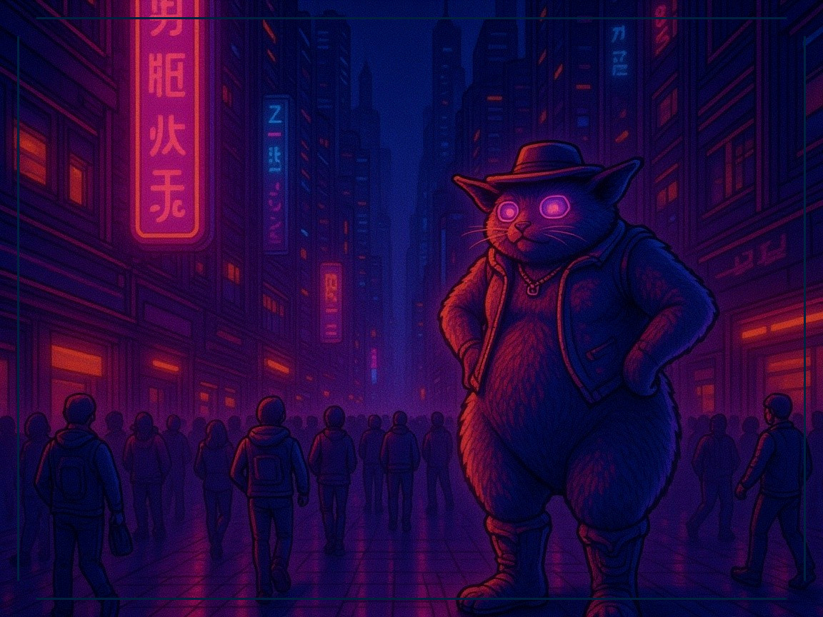 Anthropomorphic cat in neon-lit urban setting