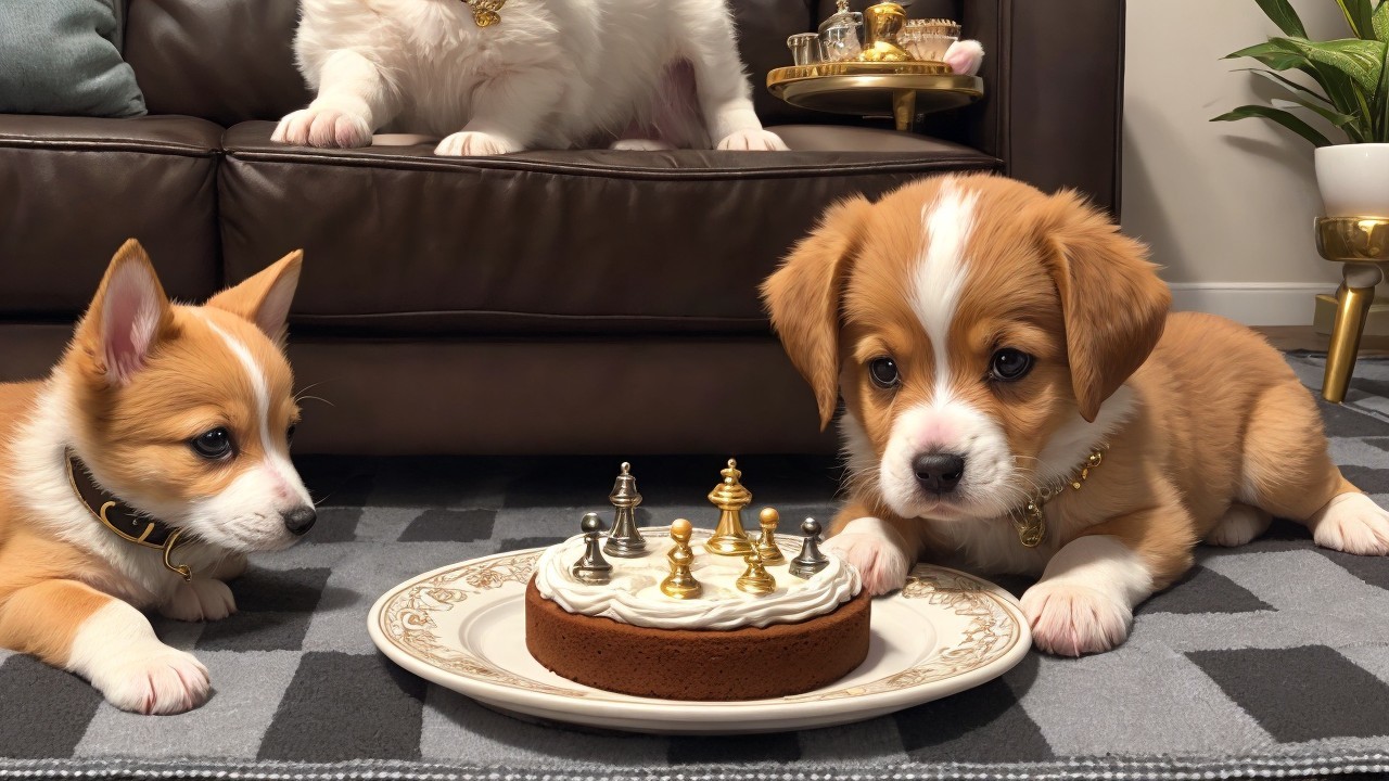 Corgi Puppies Curiously Observe Cake with Chess Pieces