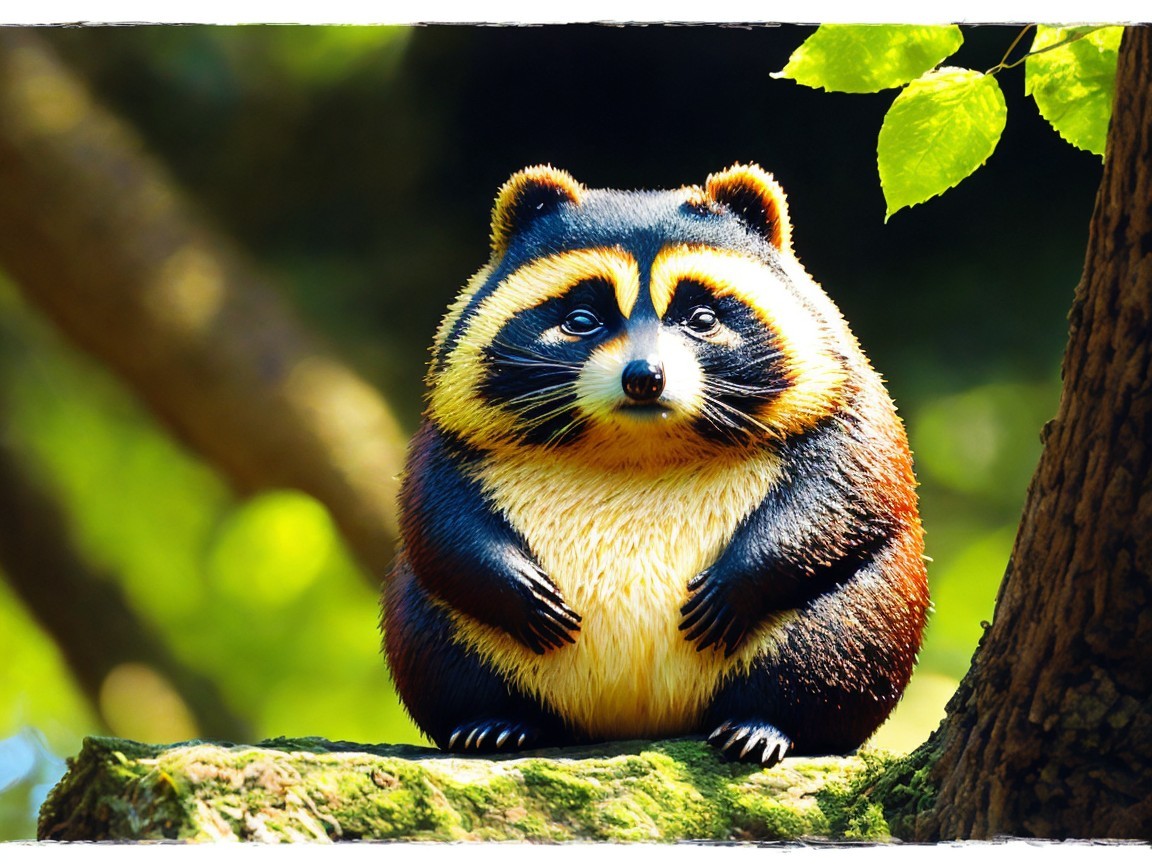 Cartoon Raccoon on Mossy Tree Branch in Sunlight
