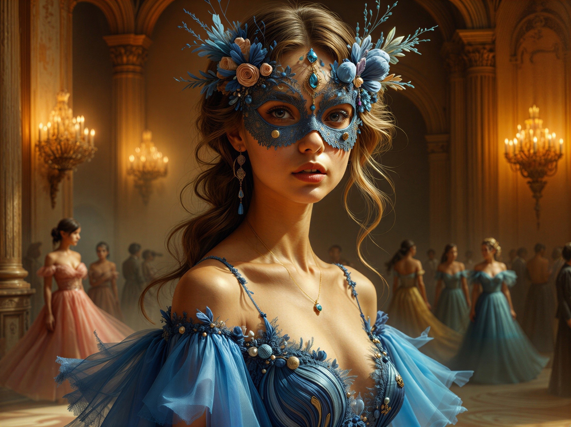 Elegant Ballroom Scene with Young Woman in Blue Gown