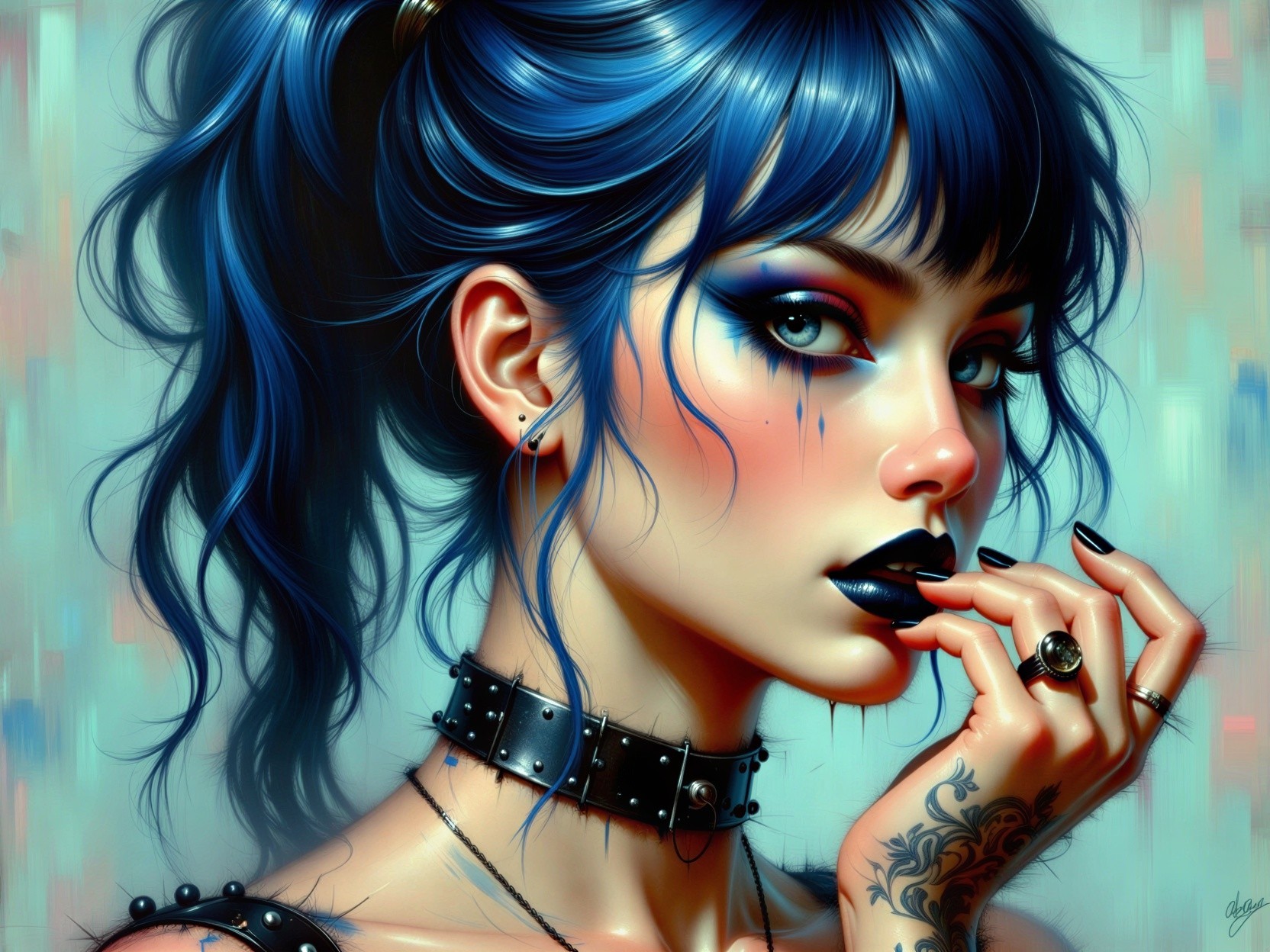 Digital Painting of a Female with Blue Hair and Makeup