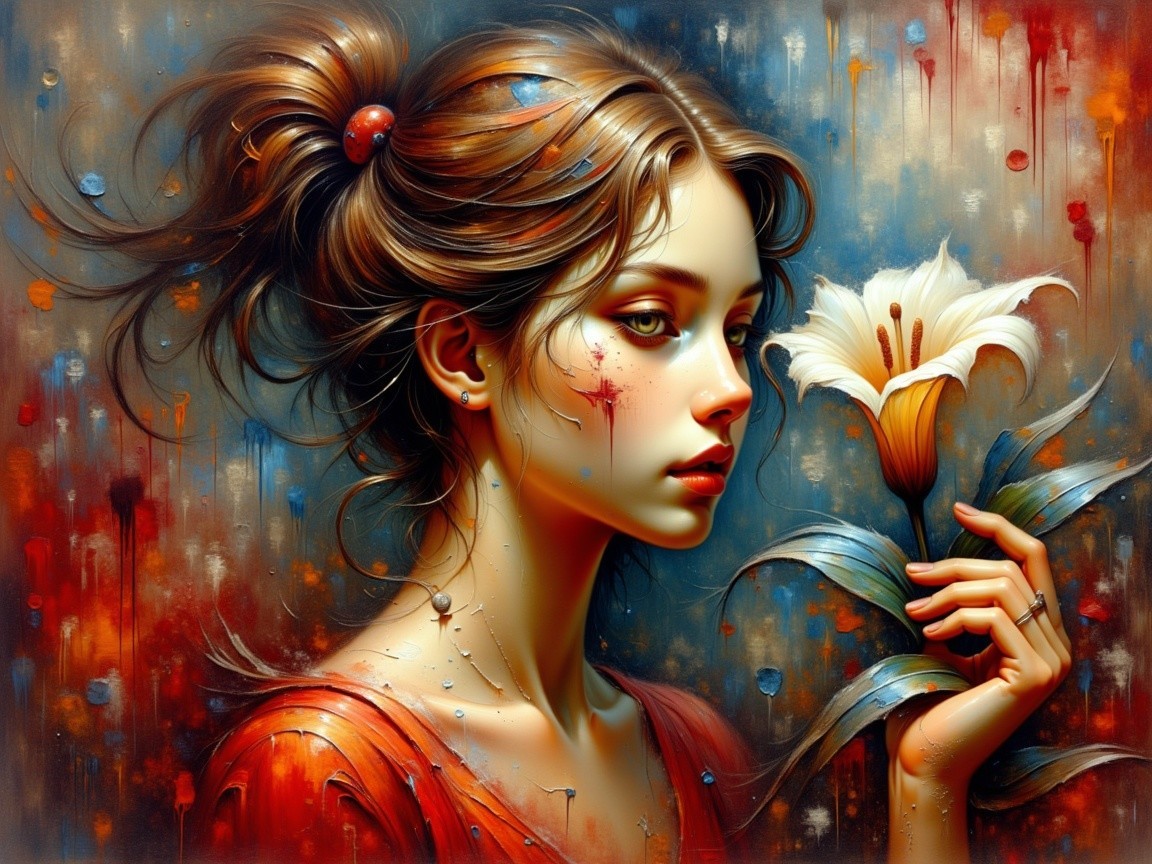 Young woman with lily in vibrant orange dress