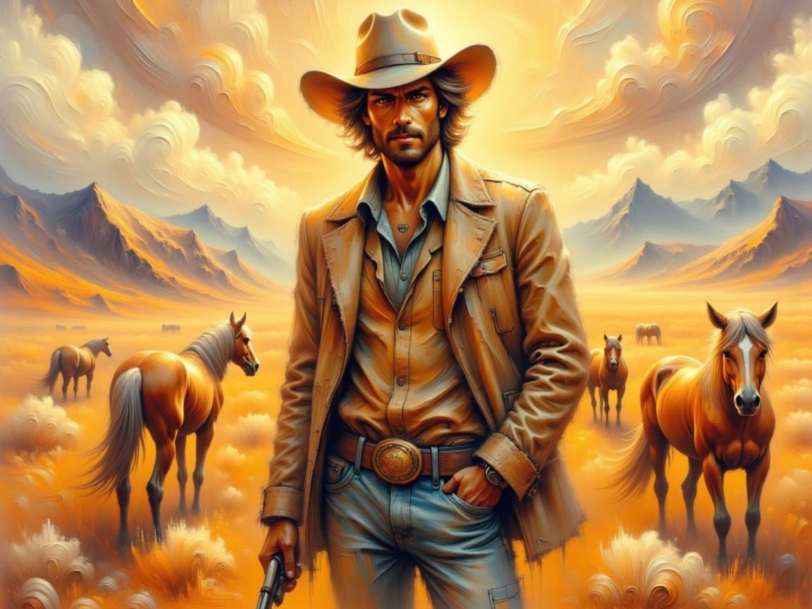 Cowboy in Golden Landscape with Mountains and Horses