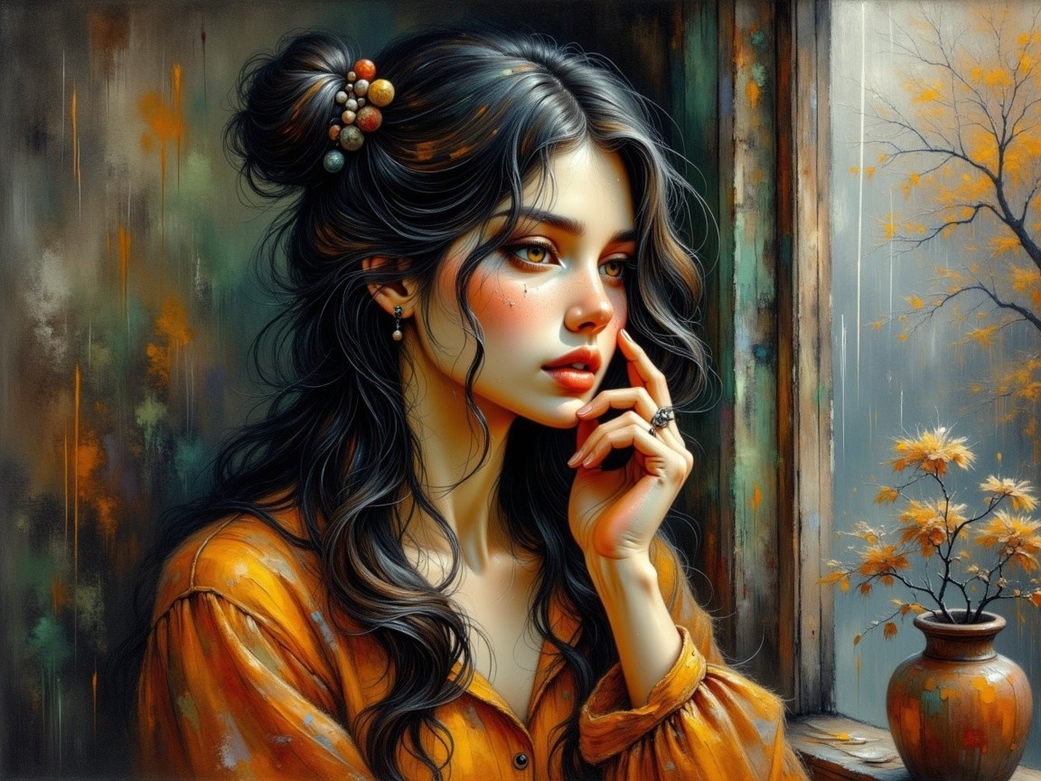 Contemplative Young Woman Gazing Out of Window