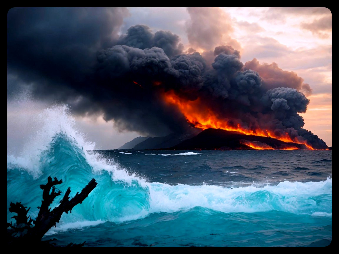 Volcanic Eruption with Lava and Turquoise Waves