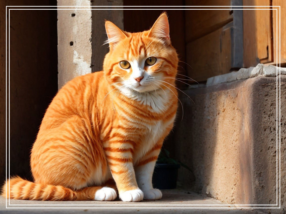 Orange Tabby Cat Against Rustic Background with Sunlight