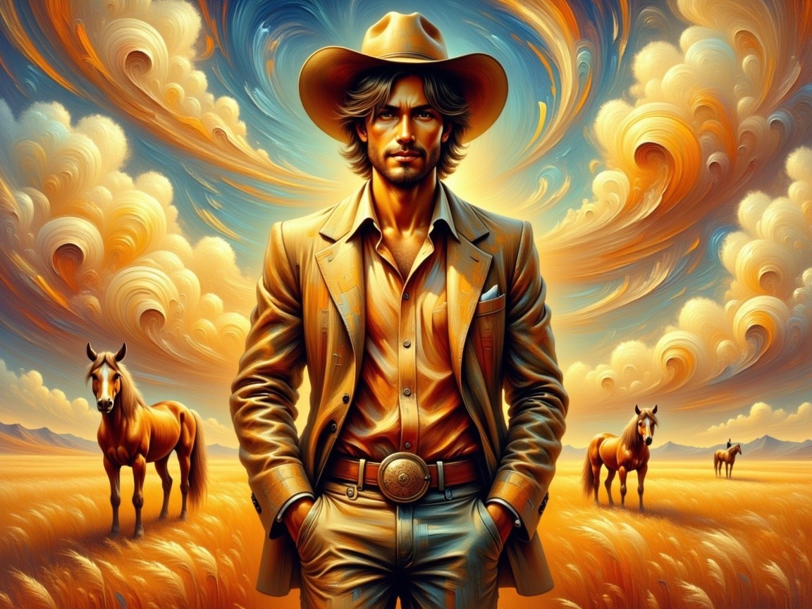 Stylish cowboy in golden landscape with grazing horses