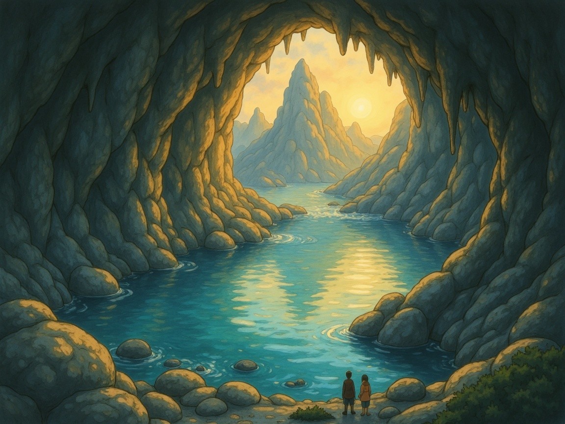 Cave Scene with Figures by Calm River and Peaks